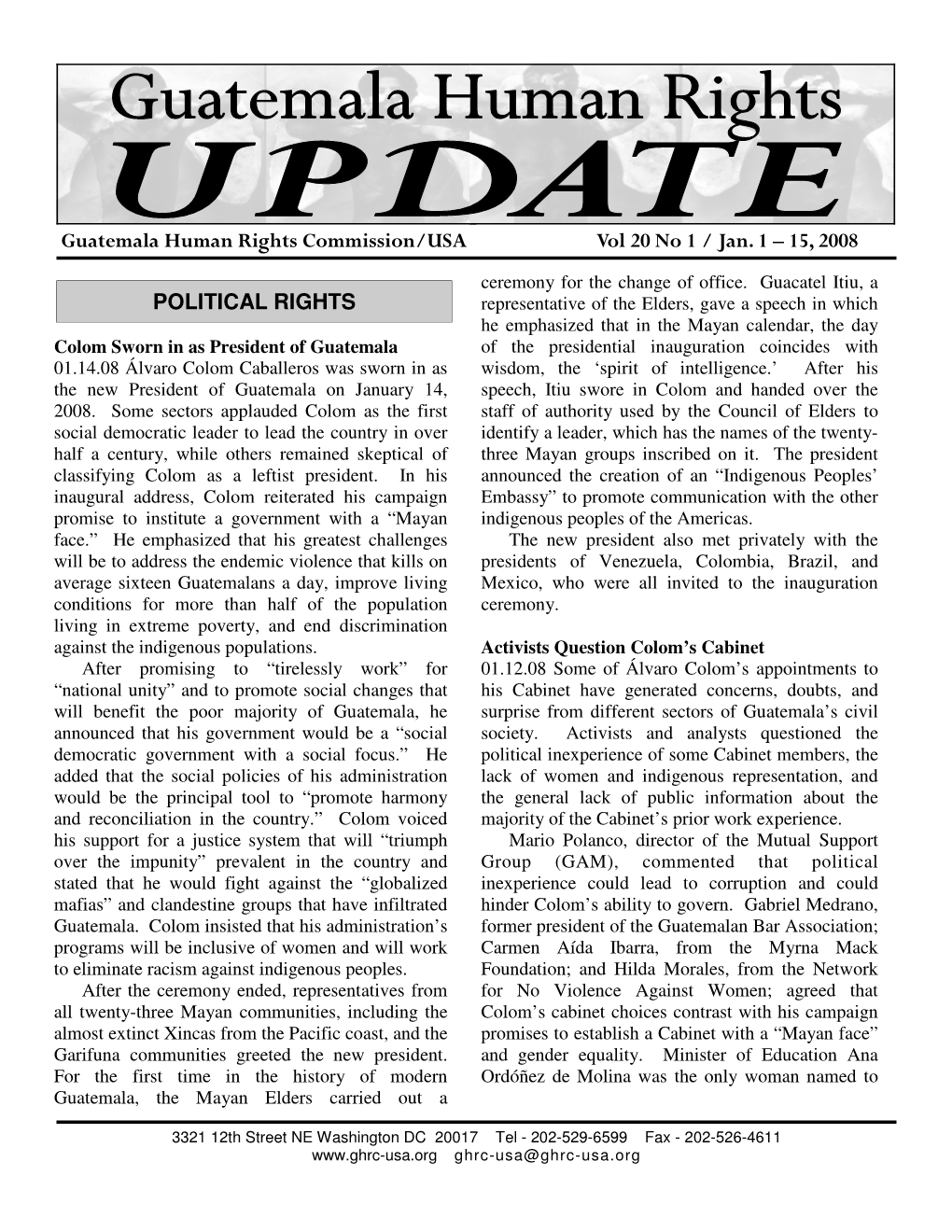 Guatemala Human Rights Commission/USA Vol 20 No 1 / Jan. 1 – 15, 2008