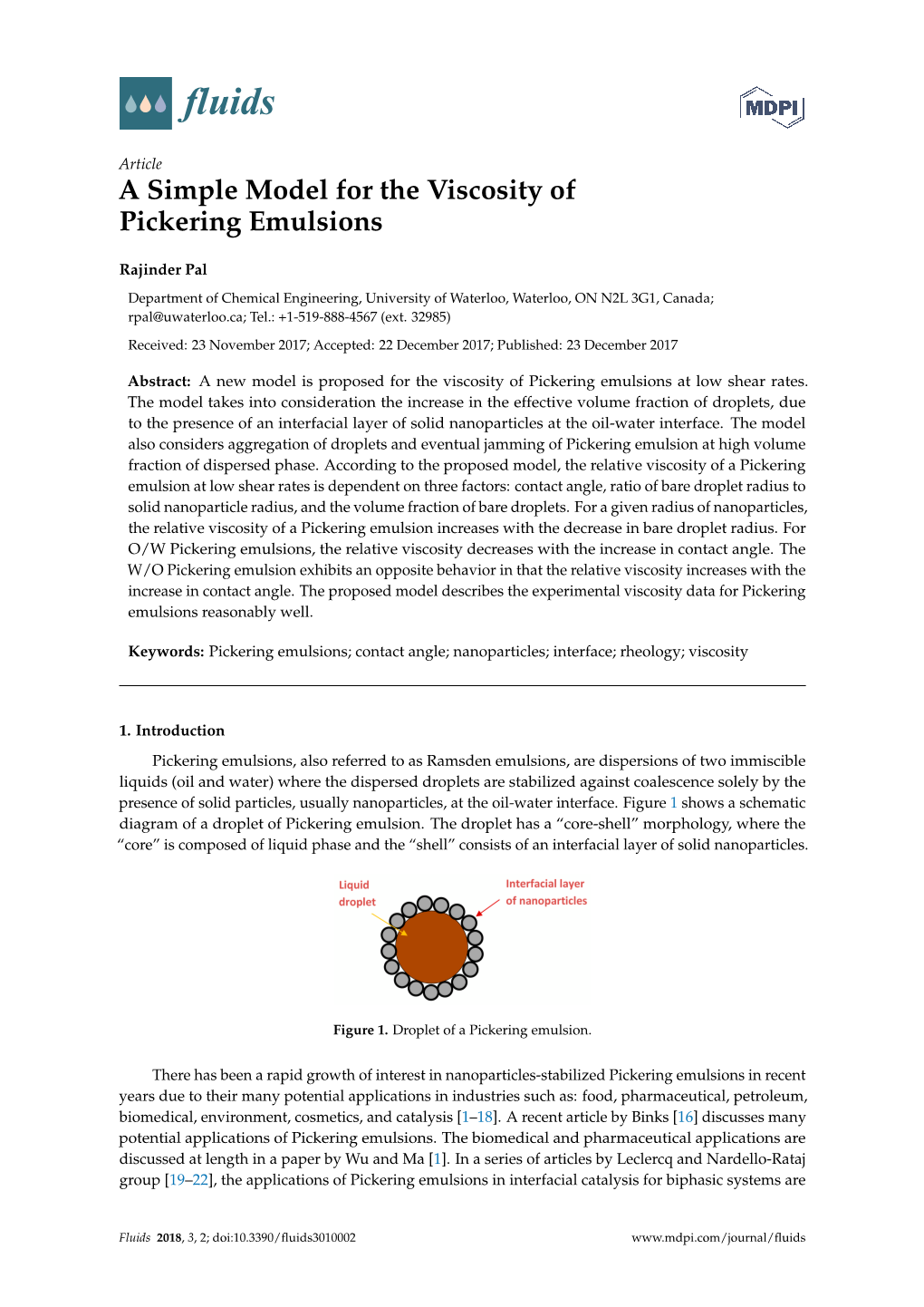 A Simple Model for the Viscosity of Pickering Emulsions Rajinder Pal