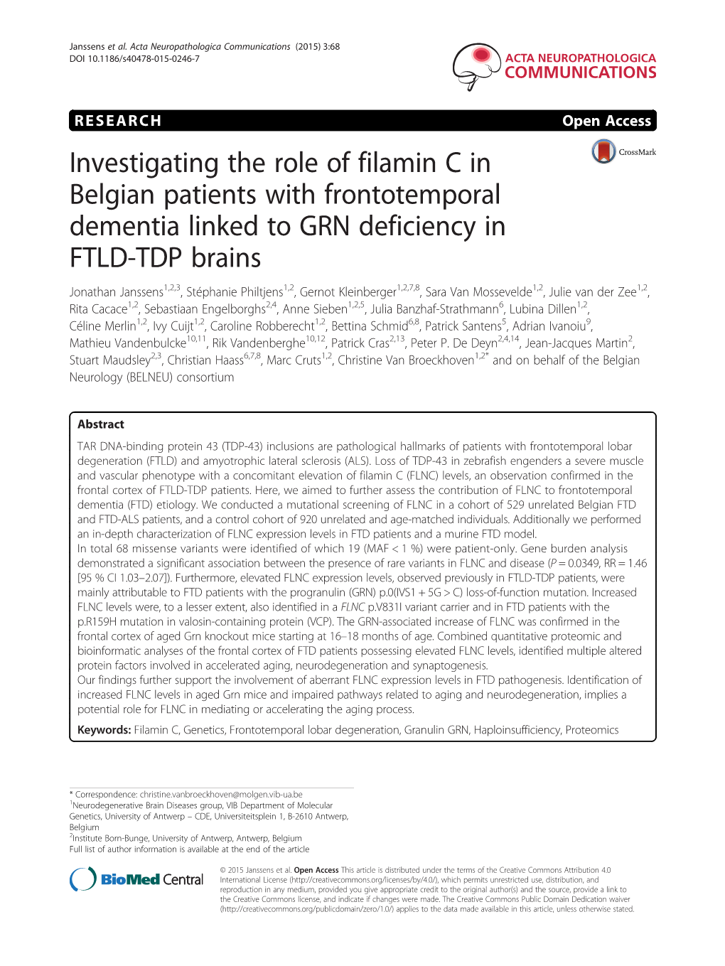 Investigating the Role of Filamin C in Belgian Patients with Frontotemporal Dementia Linked to GRN Deficiency in FTLD-TDP Brains
