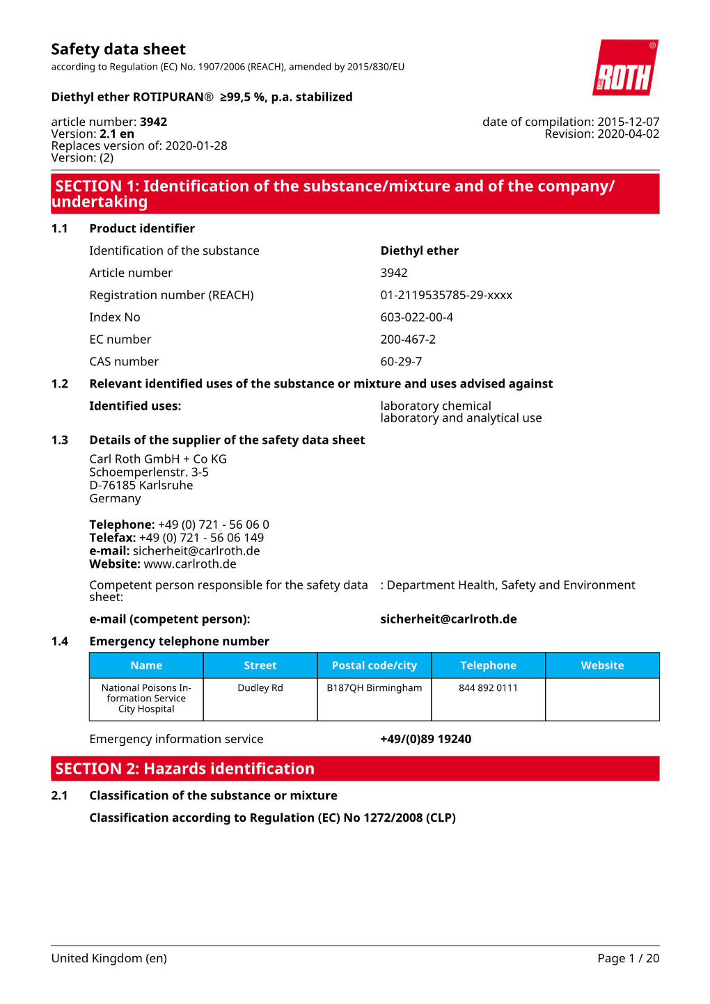 Diethyl Ether ROTIPURAN® ≥99,5 %, P.A