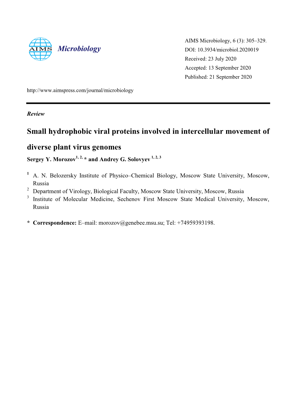 Small Hydrophobic Viral Proteins Involved in Intercellular Movement of Diverse Plant Virus Genomes Sergey Y