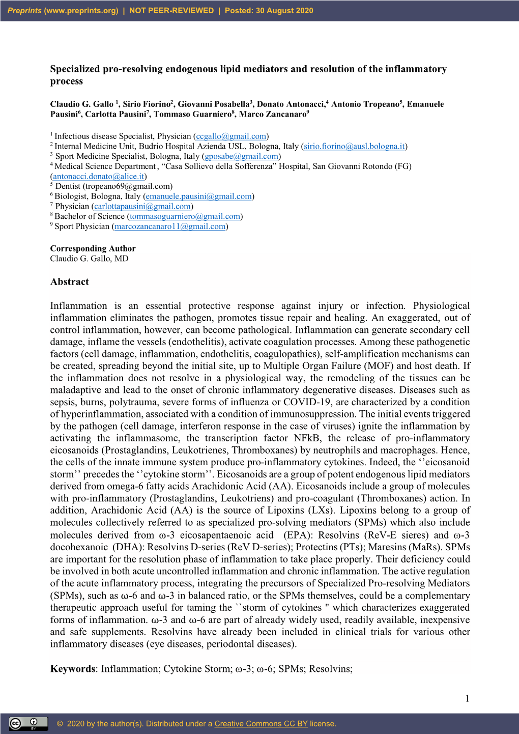 1 Specialized Pro-Resolving Endogenous Lipid Mediators And