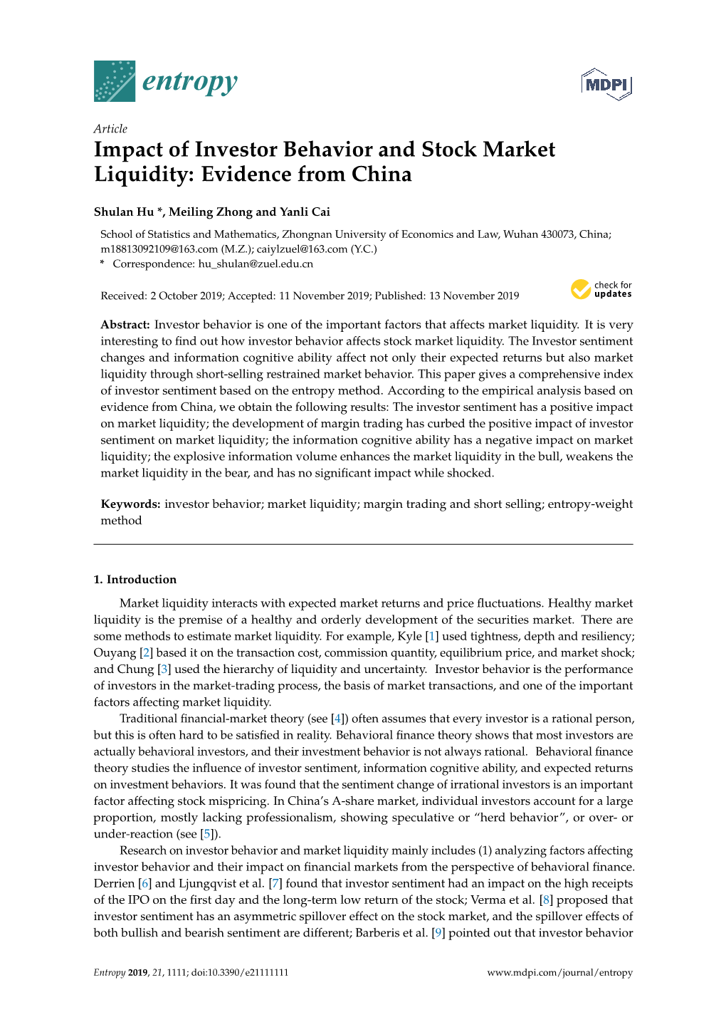 Impact of Investor Behavior and Stock Market Liquidity: Evidence from China