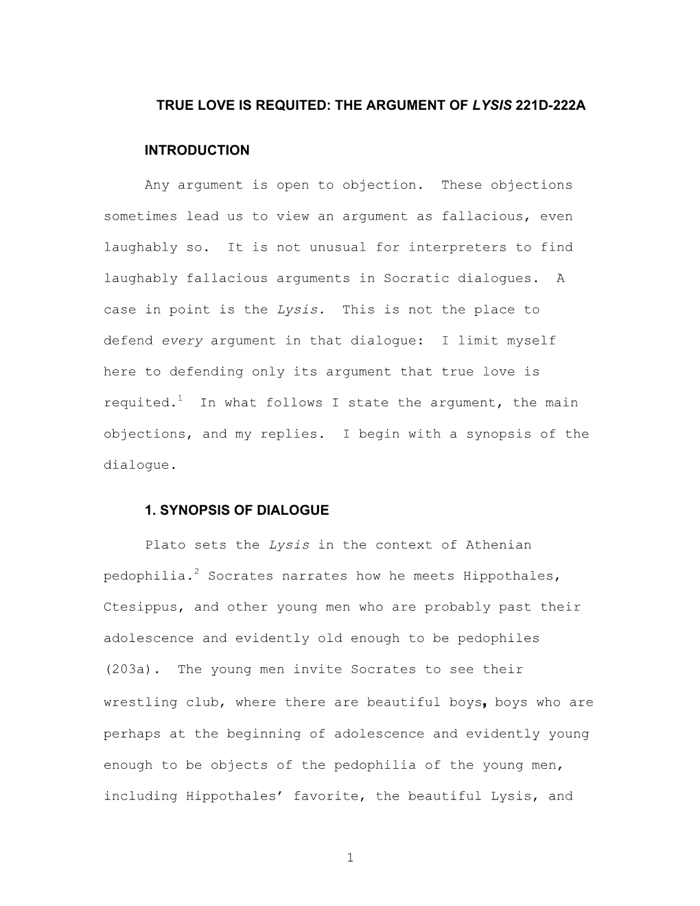 1 True Love Is Requited: the Argument of Lysis 221D-222A