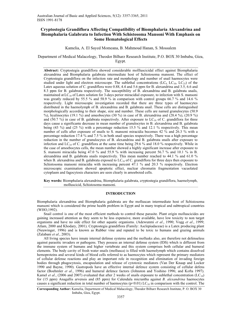 Cryptostegia Grandiflora Affecting Compatibility of Biomphalaria