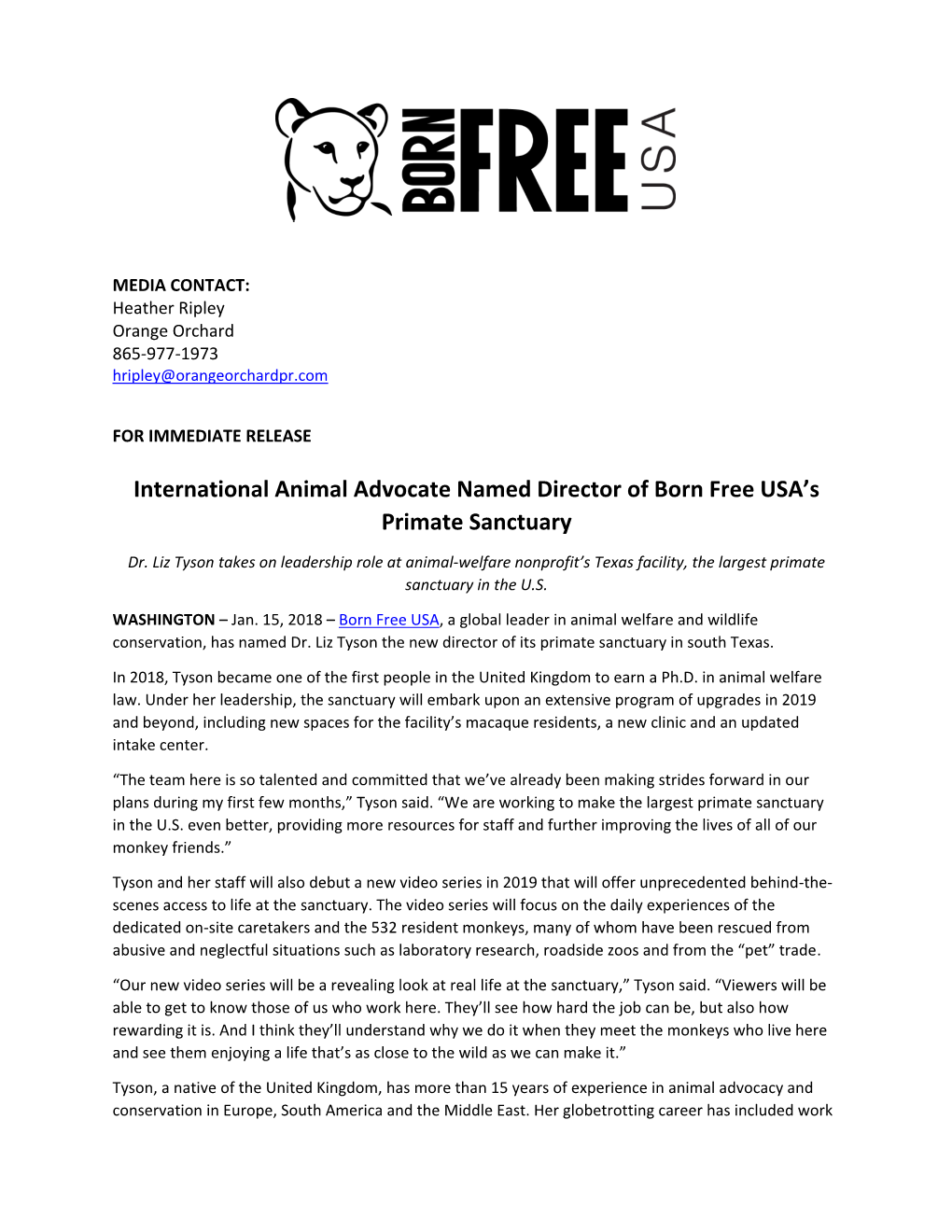 International Animal Advocate Named Director of Born Free USA's Primate