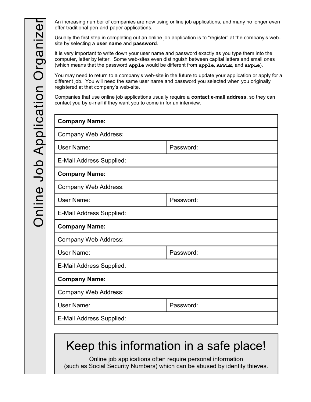 Online Job Application Organizer Sheet