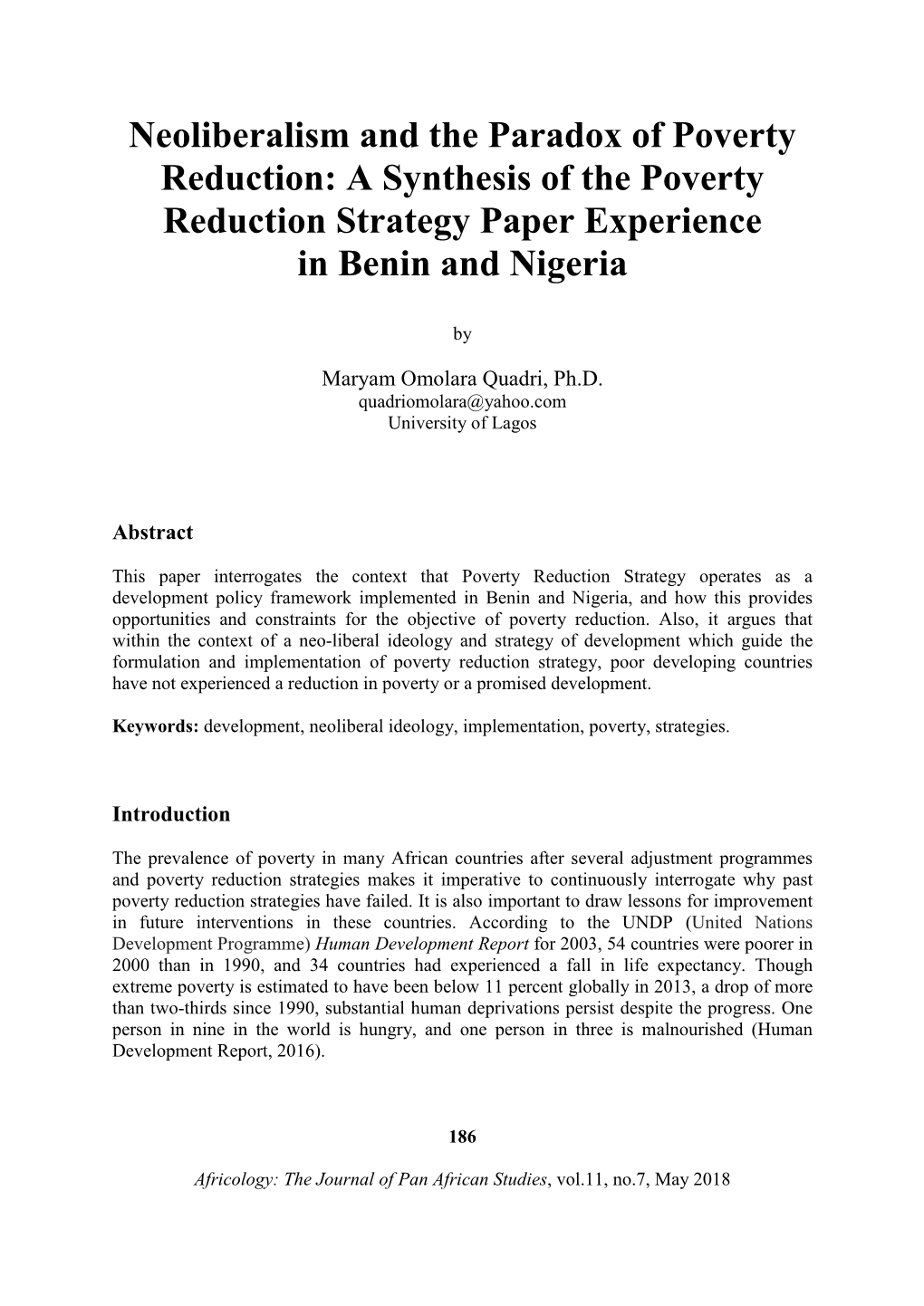 Neoliberalism and the Paradox of Poverty Reduction: a Synthesis of the Poverty Reduction Strategy Paper Experience in Benin and Nigeria