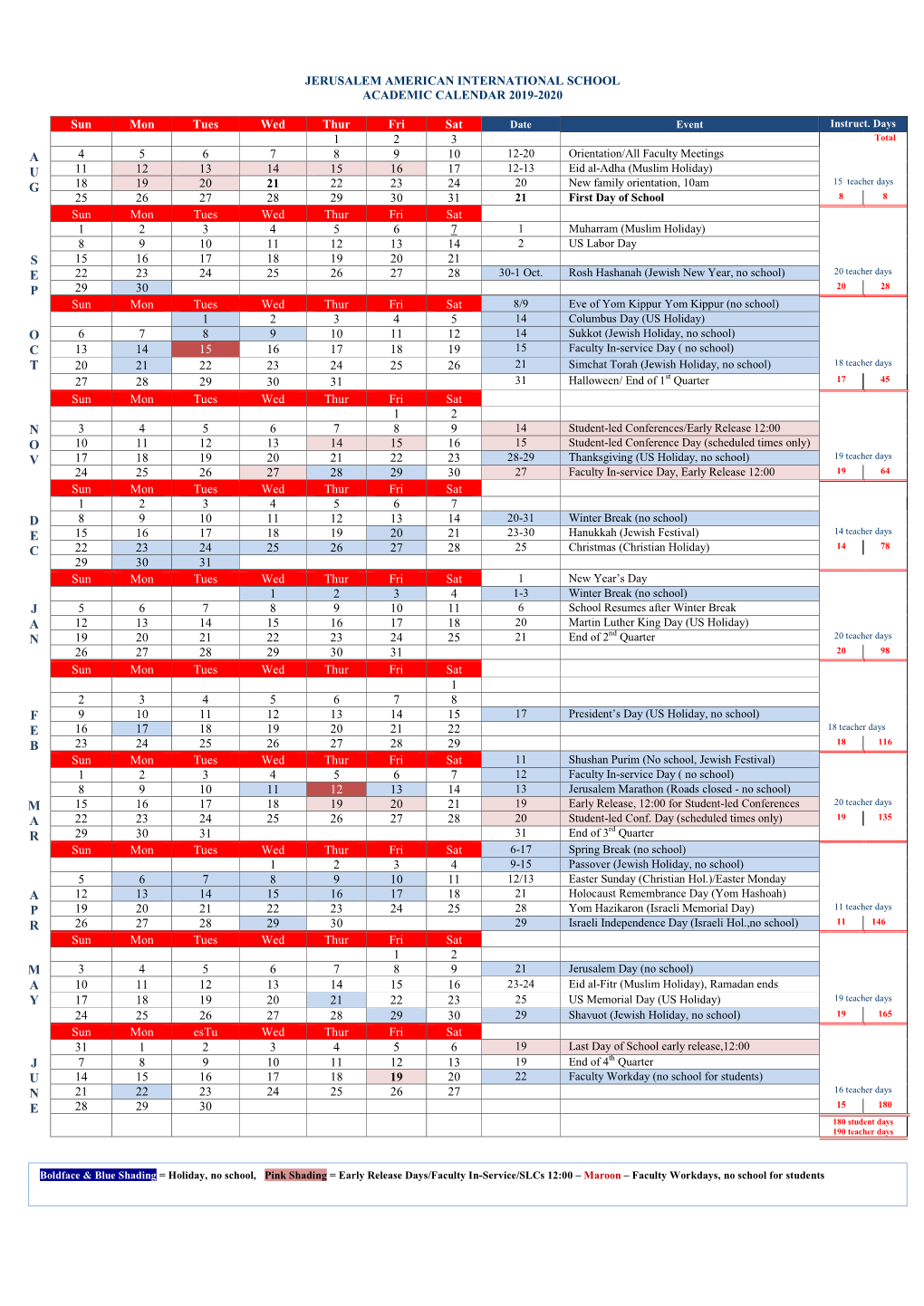 Jerusalem American International School Academic Calendar 2019-2020