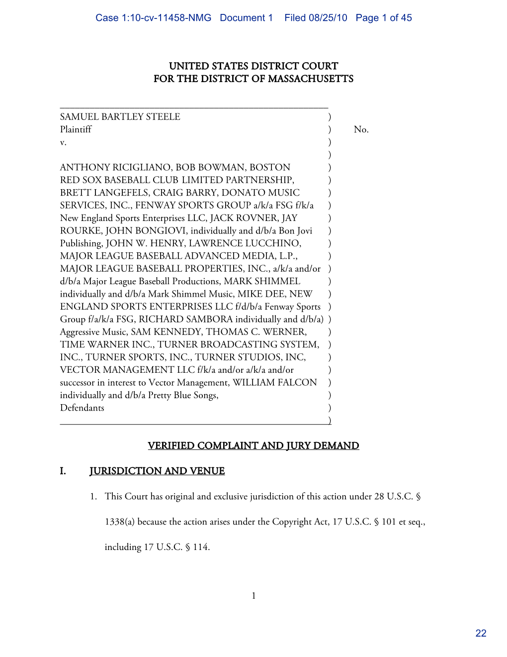 Case 1:10-Cv-11458-NMG Document 1 Filed 08/25/10 Page 1 of 45 22