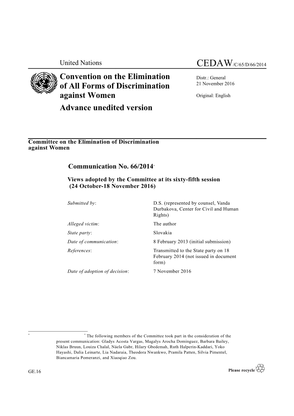 Advance Unedited Version CEDAW/C/65/D/66/2014