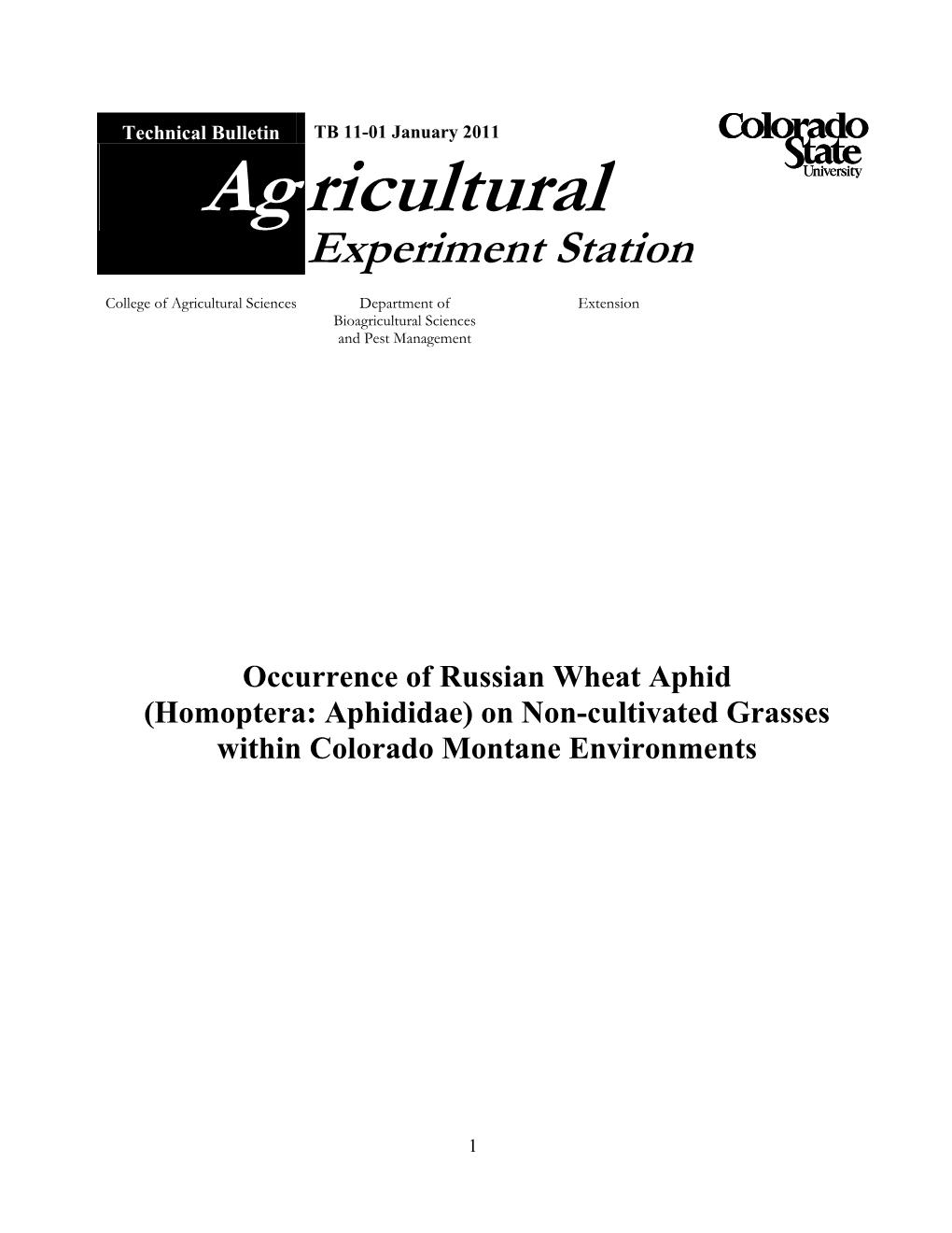 Occurrence of Russian Wheat Aphid (Homoptera: Aphididae) on Non-Cultivated Grasses Within Colorado Montane Environments