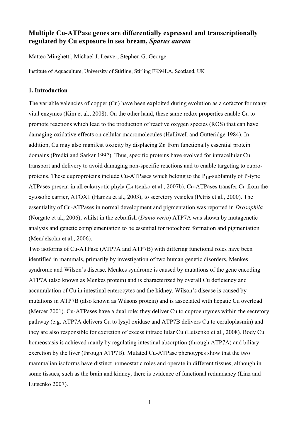 Cloning and Expression of the Two Isoforms of Copper Atpase in a Fish