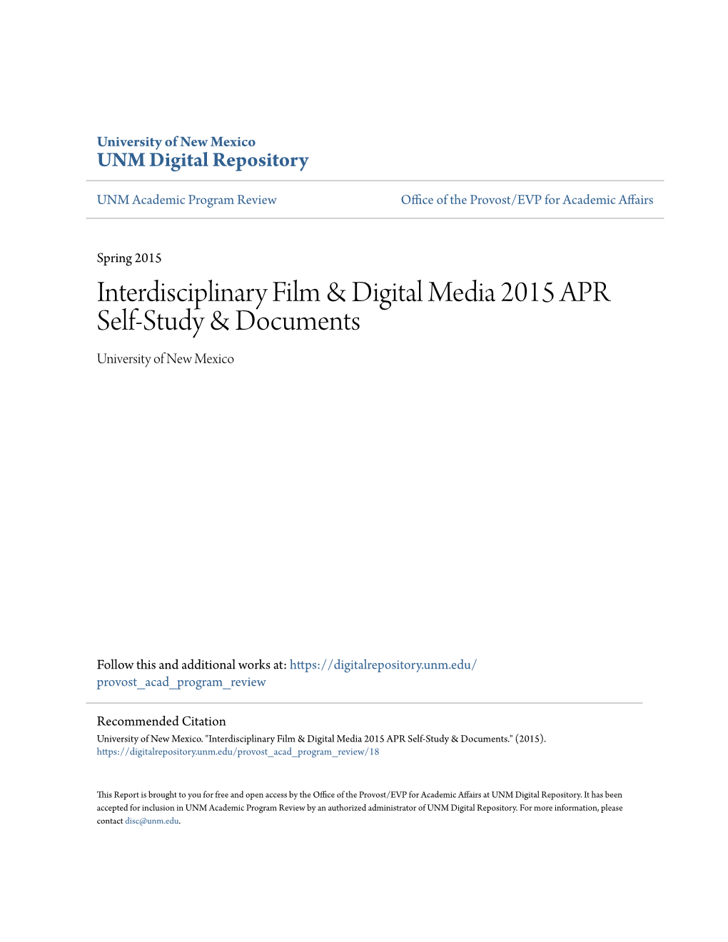 Interdisciplinary Film & Digital Media 2015 APR Self-Study & Documents