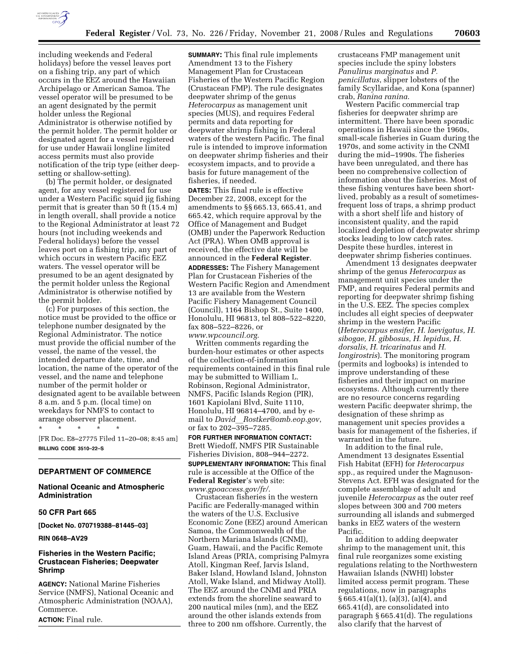 Federal Register/Vol. 73, No. 226/Friday, November 21, 2008