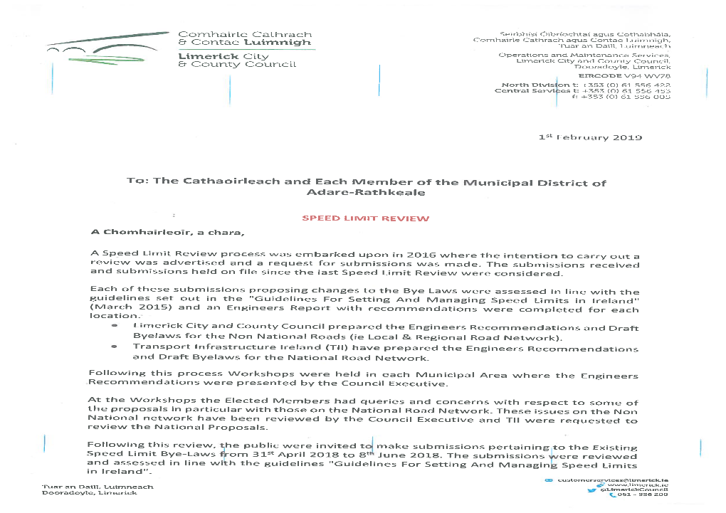 Speed Limit Review – Public Consultation (31St April 2018 – 8Th June 2018)