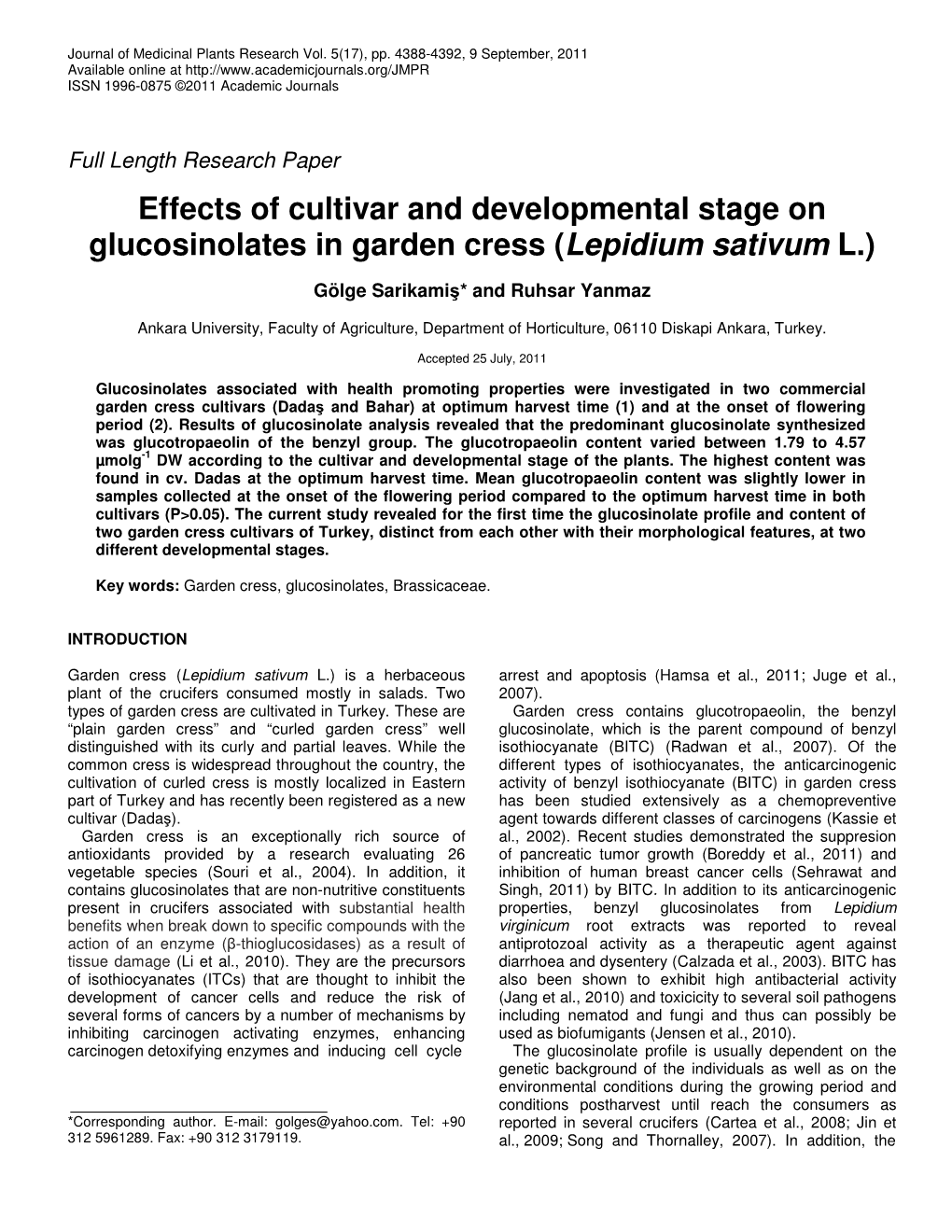 Effects of Cultivar and Developmental Stage on Glucosinolates in Garden Cress (Lepidium Sativum L.)