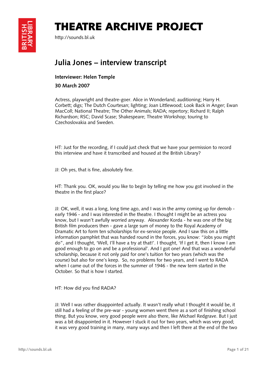 Theatre Archive Project: Interview with Julia Jones