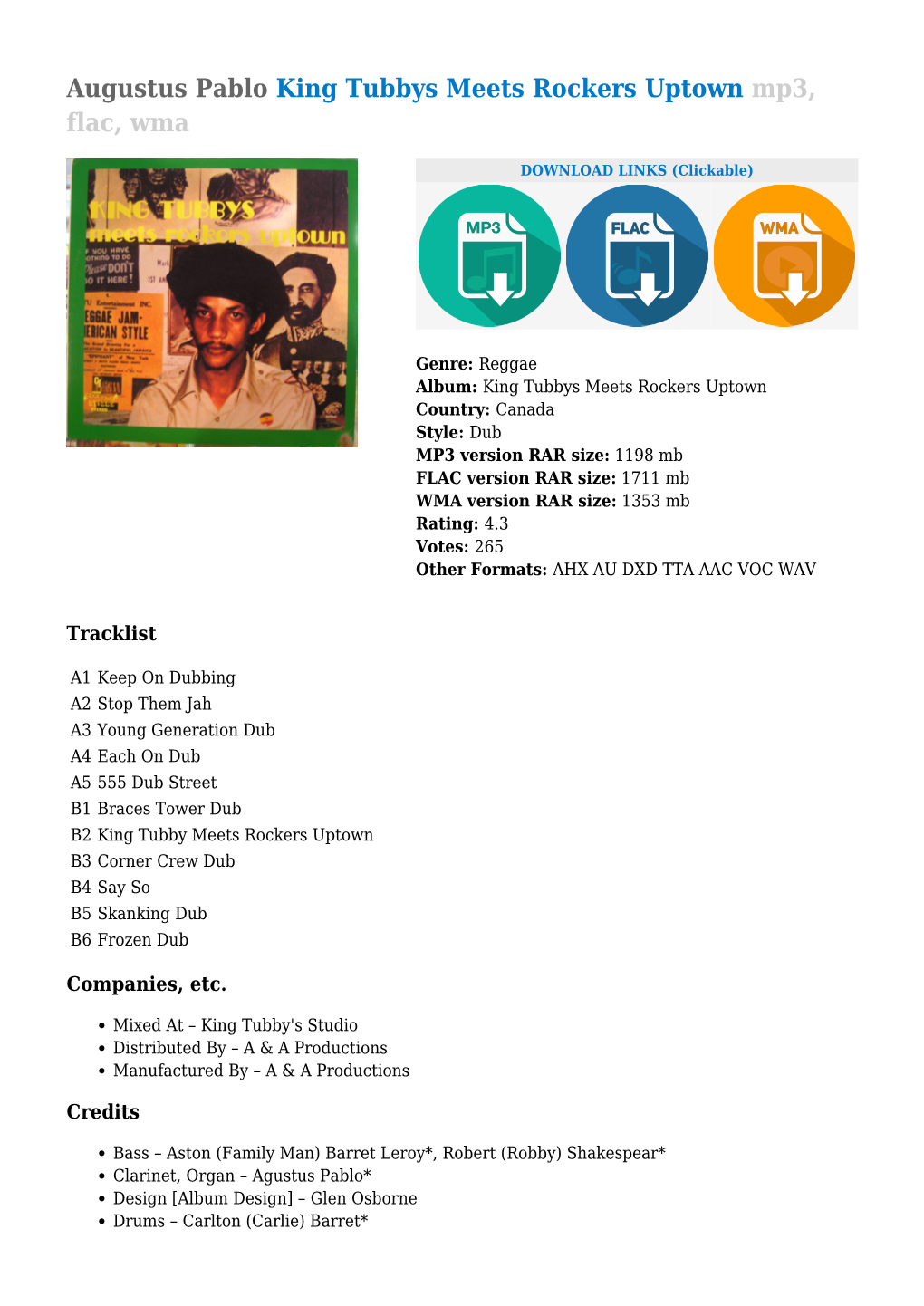 Augustus Pablo King Tubbys Meets Rockers Uptown Mp3, Flac, Wma