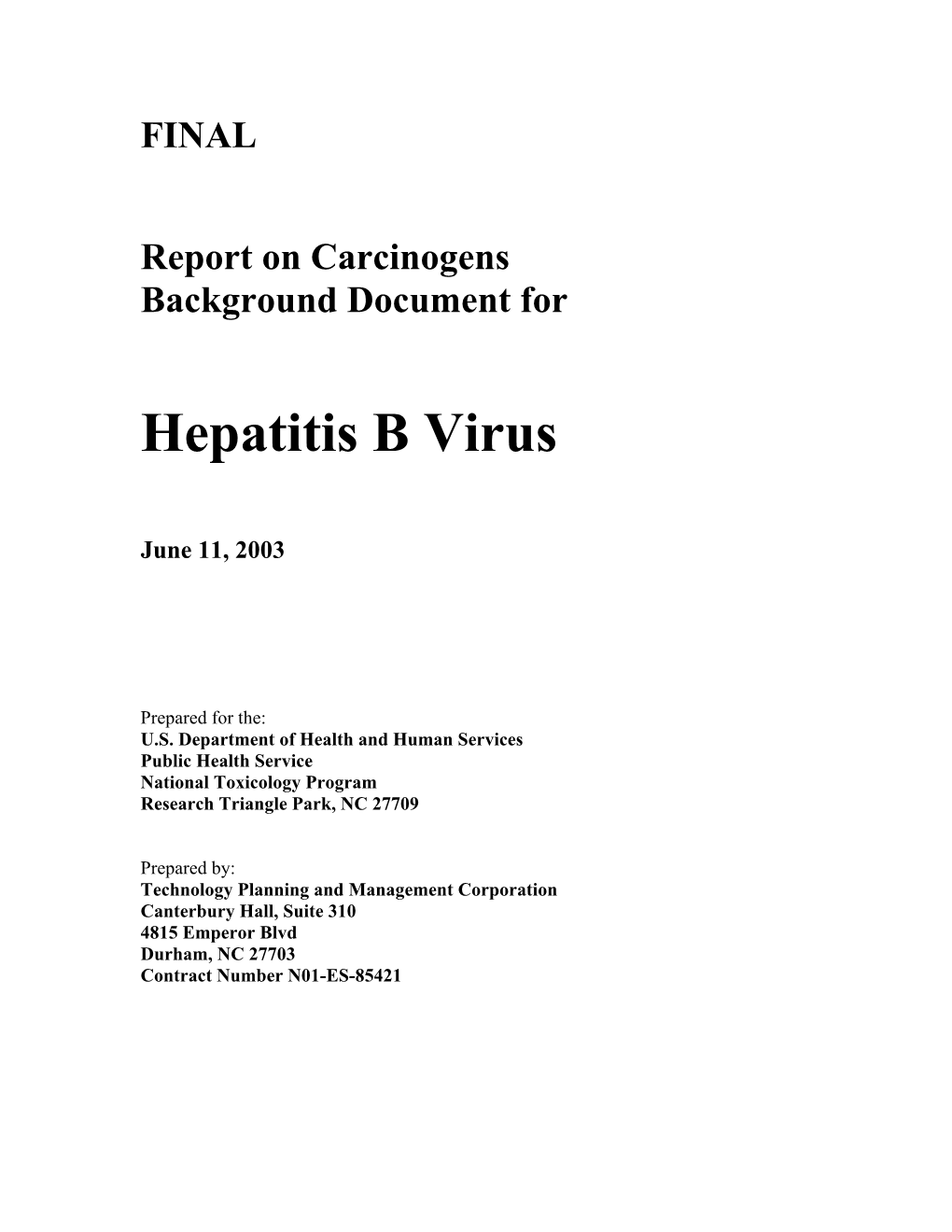 Roc Background Document for Hepatitis B Virus; June 11, 2003