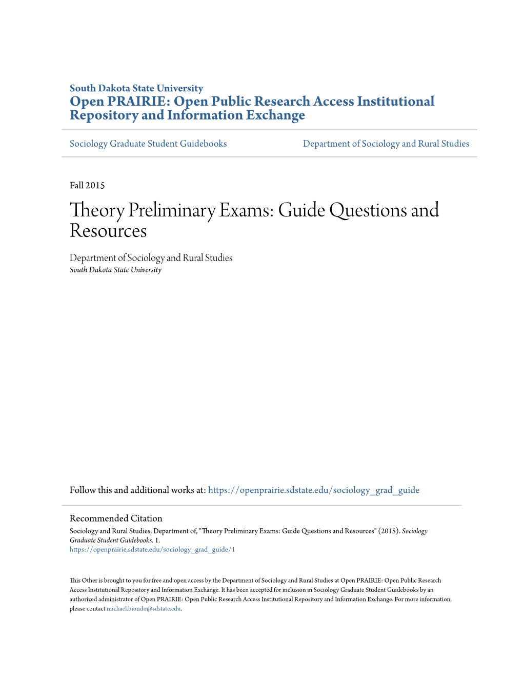 Theory Preliminary Exams: Guide Questions and Resources Department of Sociology and Rural Studies South Dakota State University