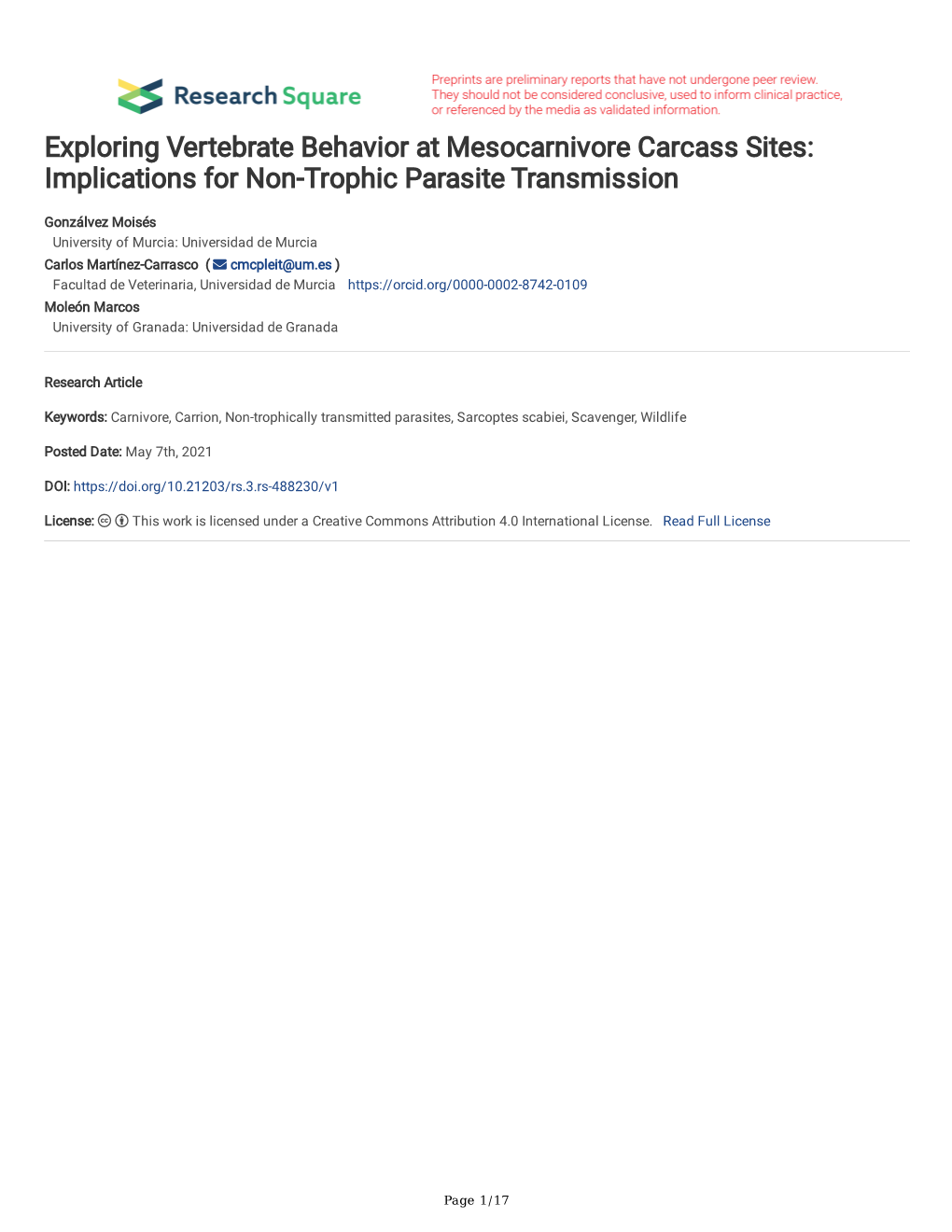 Exploring Vertebrate Behavior at Mesocarnivore Carcass Sites: Implications for Non-Trophic Parasite Transmission