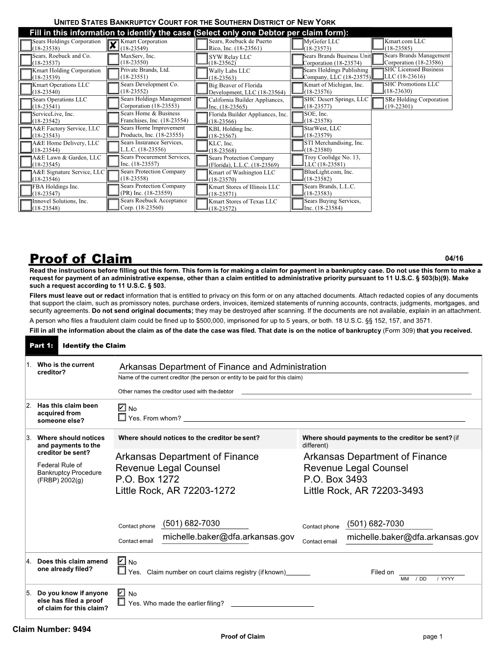 Proof of Claim 04/16 Read the Instructions Before Filling out This Form
