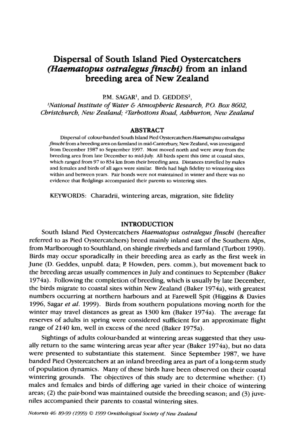 Dispersal of South Island Pied Oystercatchers (Haematopus Ostralegusfinscbi) from an Inland Breeding Area of New Zealand