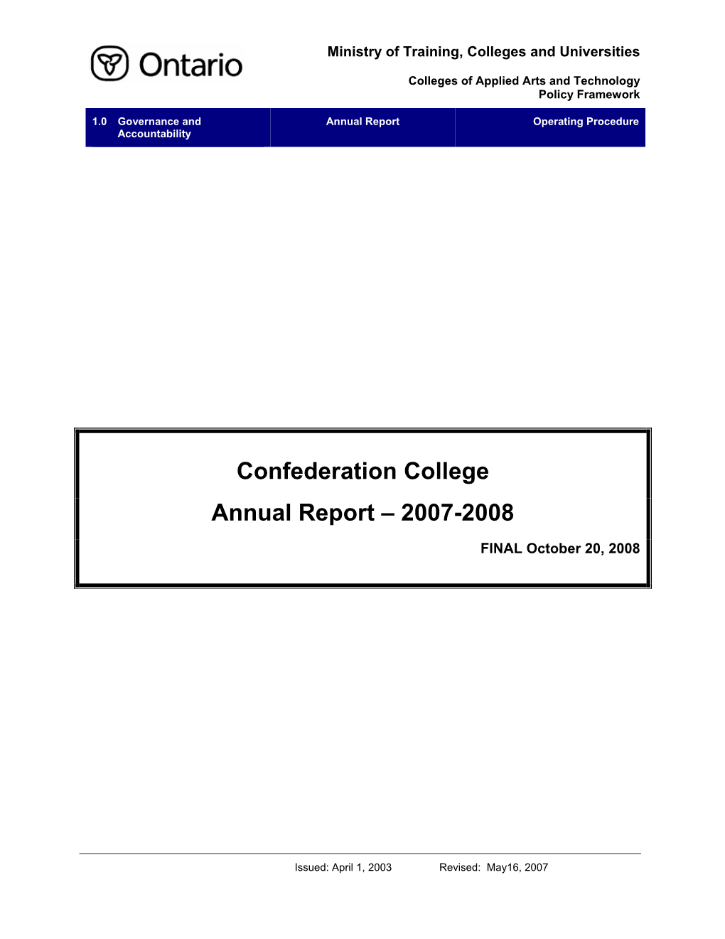 Confederation College Annual Report – 2007-2008