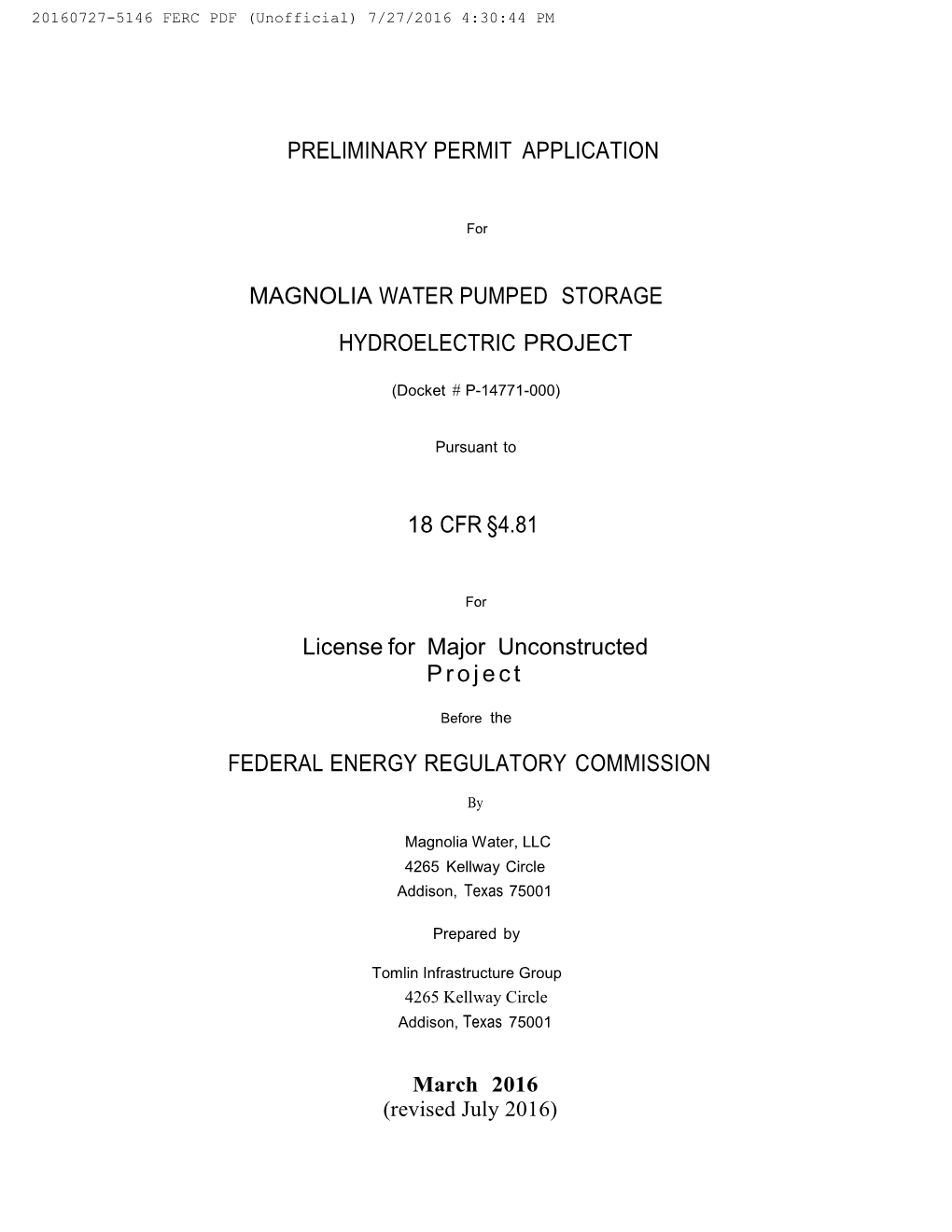 Preliminary Permit Application Magnolia Water