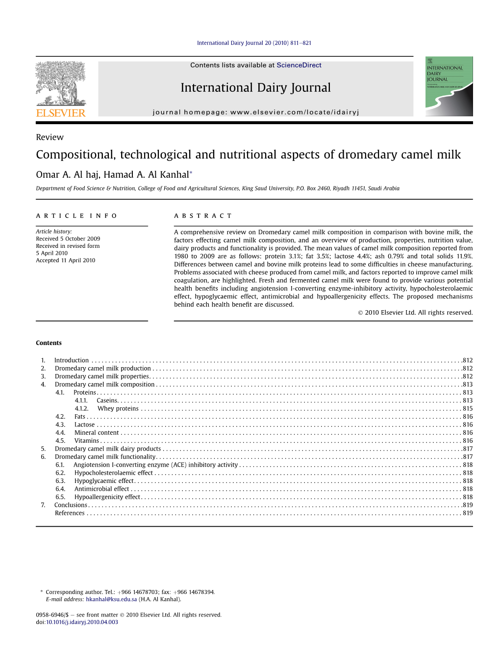 Compositional, Technological and Nutritional Aspects of Dromedary Camel Milk