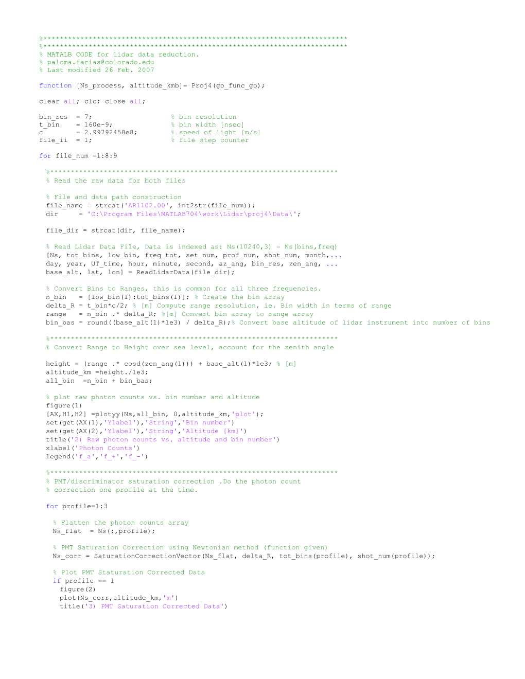 % MATALB CODE for Lidar Data Reduction. %