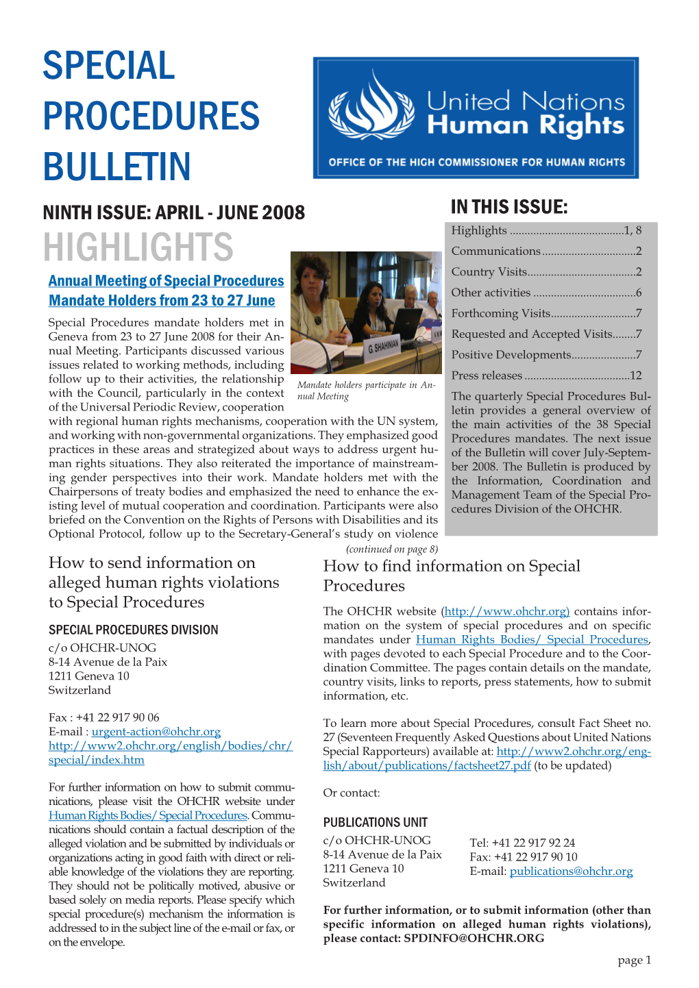 SPECIAL PROCEDURES Bulletin Highlights