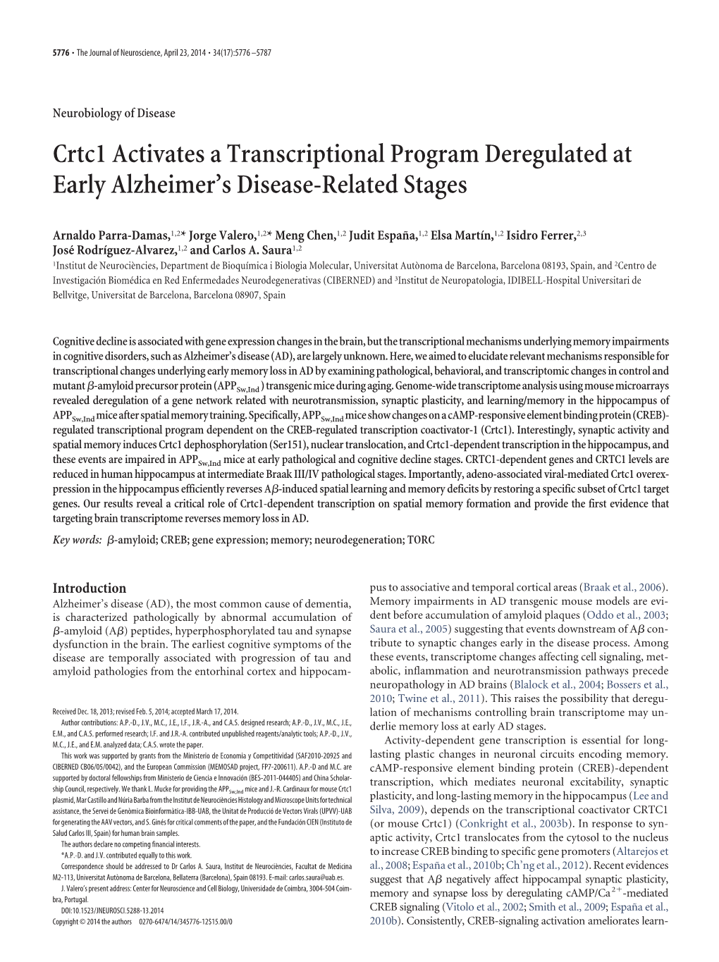 Crtc1 Activates a Transcriptional Program Deregulated at Early Alzheimer’S Disease-Related Stages