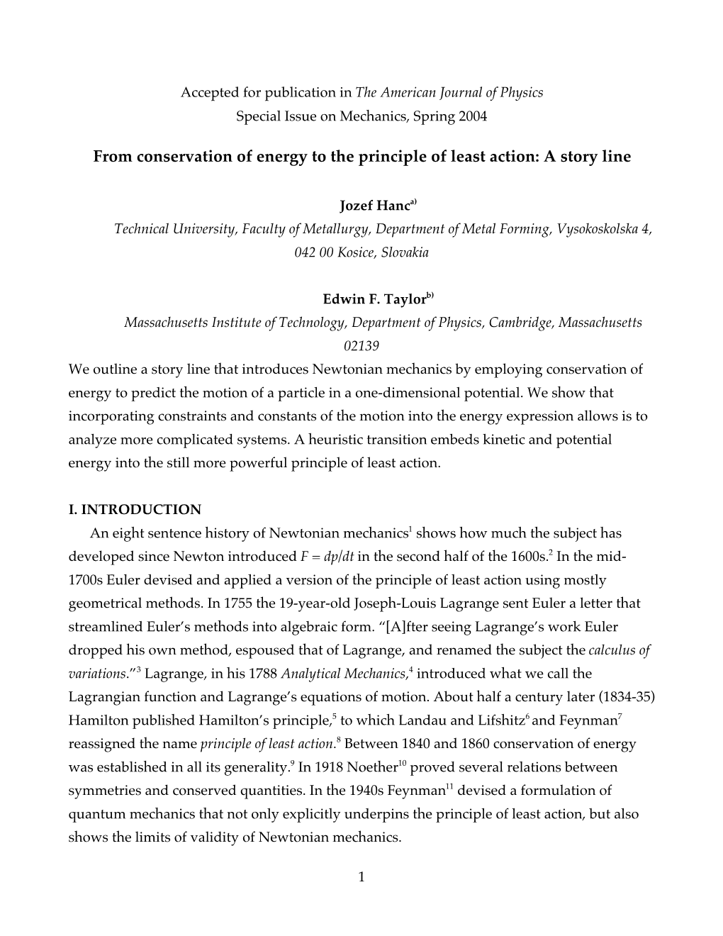 From Conservation of Energy to the Principle of Least Action: a Story Line