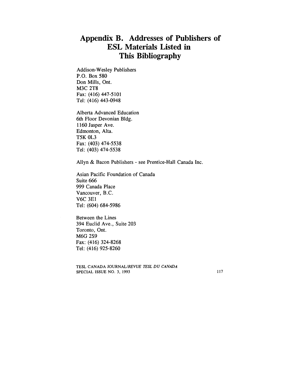 Appendix B. Addresses of Publishers of ESL Materials Listed in This Bibliography