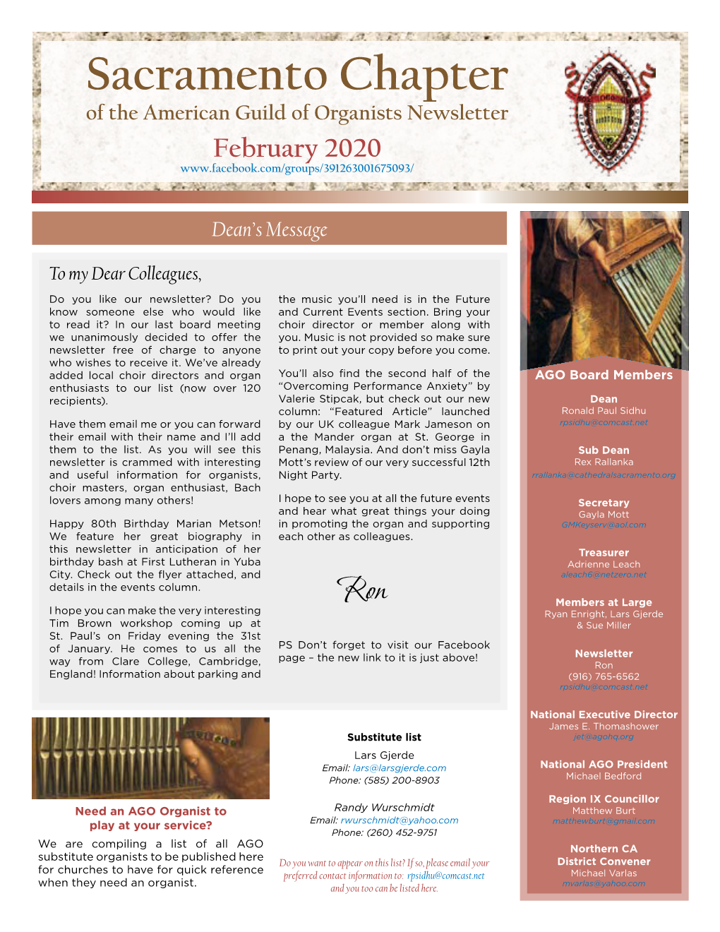 Sacramento Chapter of the American Guild of Organists Newsletter February 2020