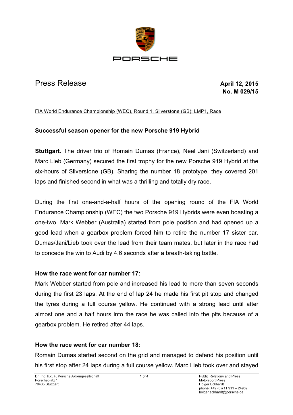 Press Release April 12, 2015 No