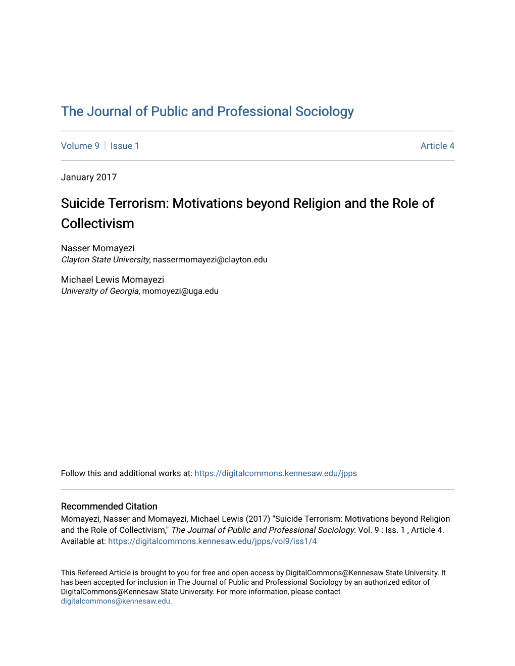 Suicide Terrorism: Motivations Beyond Religion and the Role of Collectivism