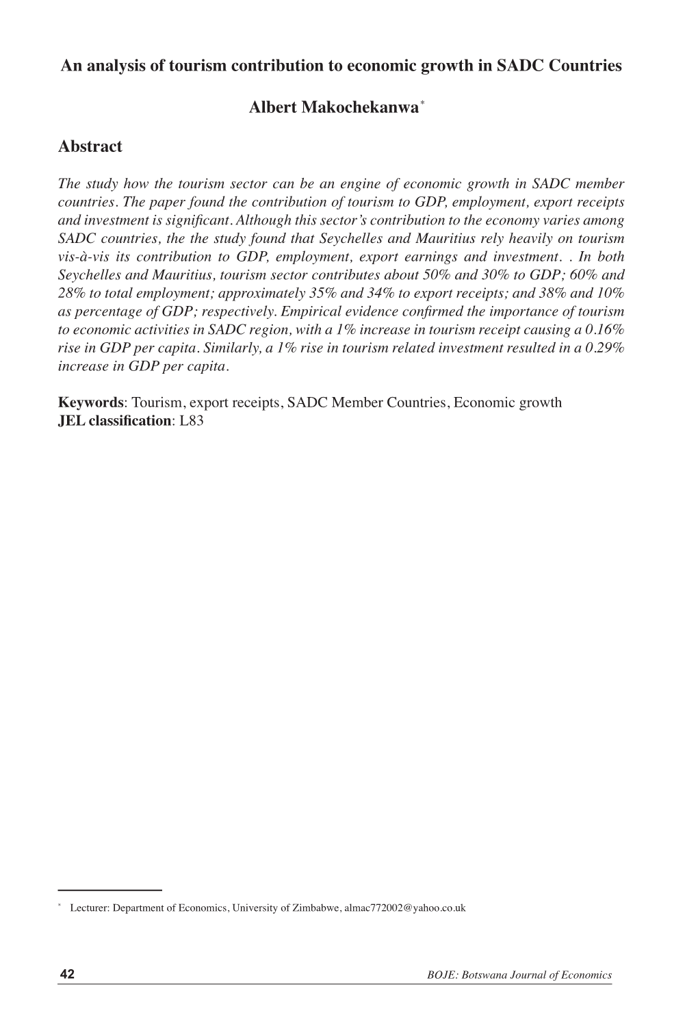 An Analysis of Tourism Contribution to Economic Growth in SADC Countries