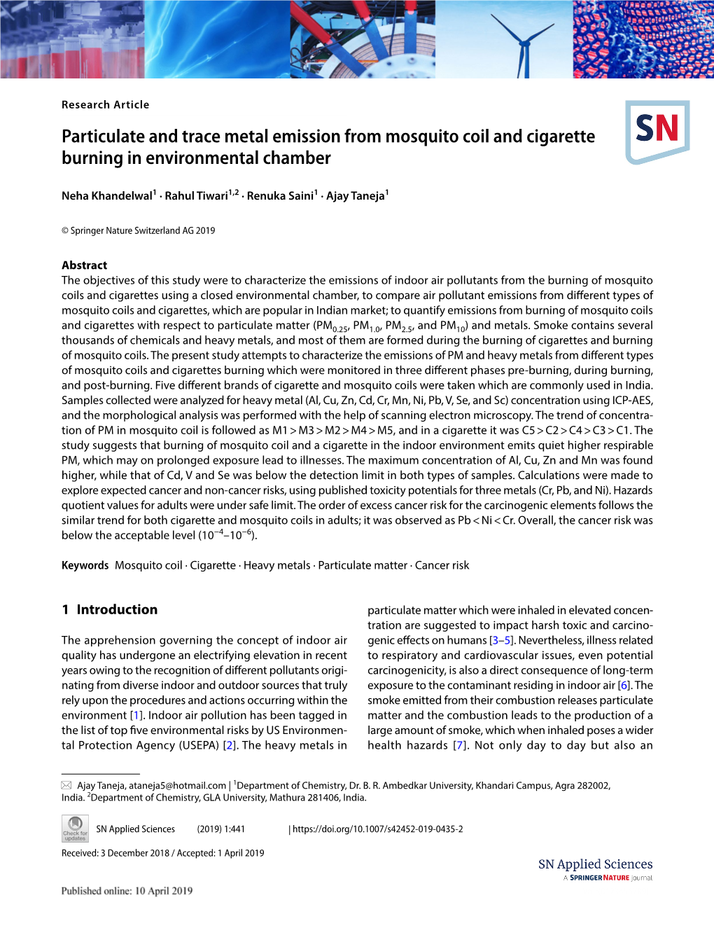 Particulate and Trace Metal Emission from Mosquito Coil and Cigarette Burning in Environmental Chamber