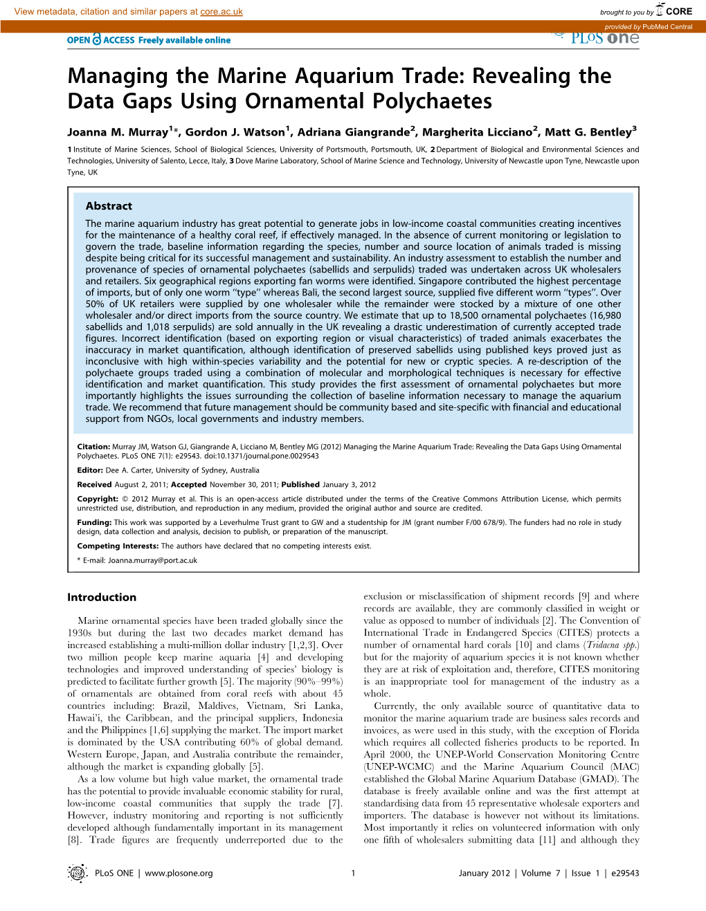 Managing the Marine Aquarium Trade: Revealing the Data Gaps Using Ornamental Polychaetes