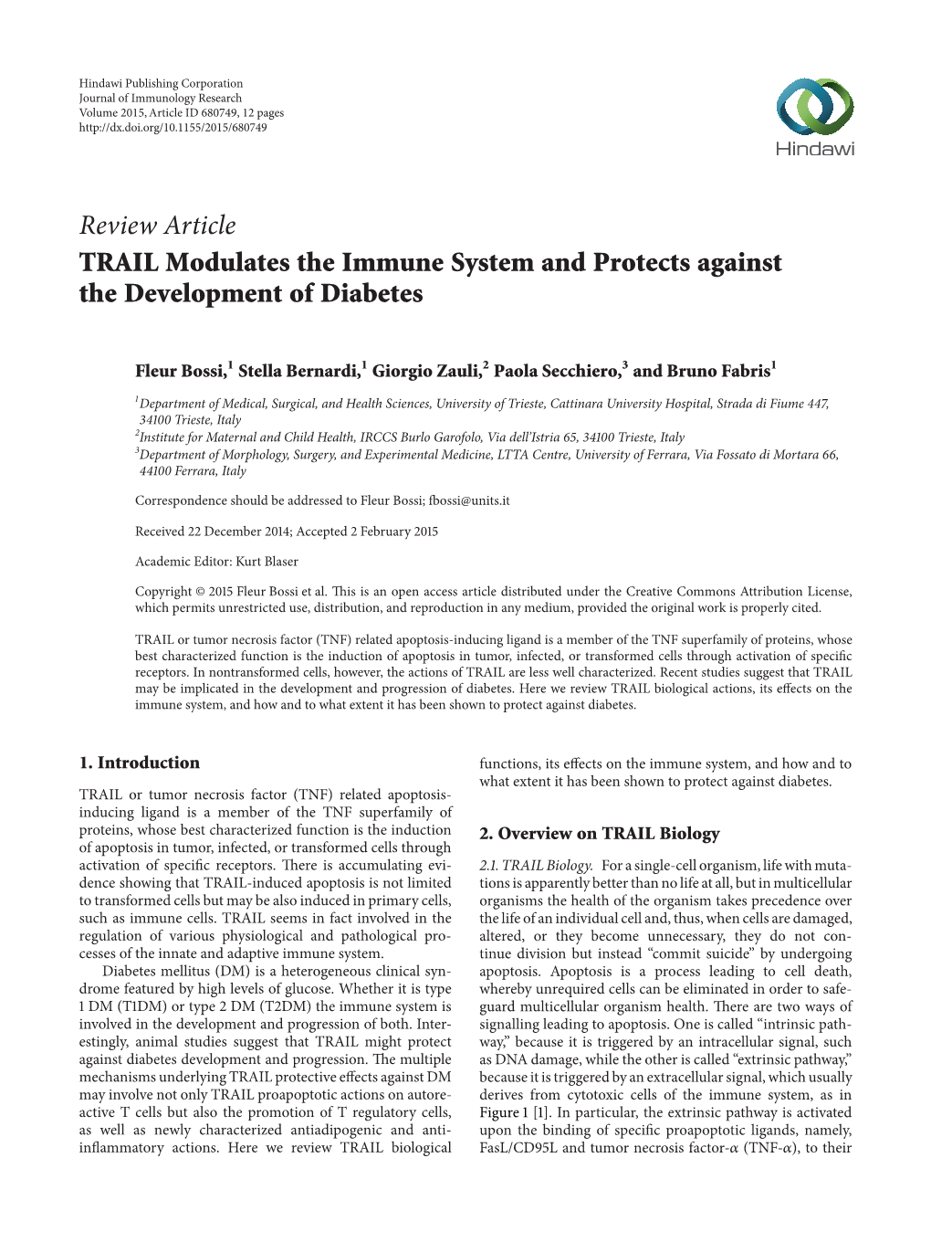 Review Article TRAIL Modulates the Immune System and Protects Against the Development of Diabetes