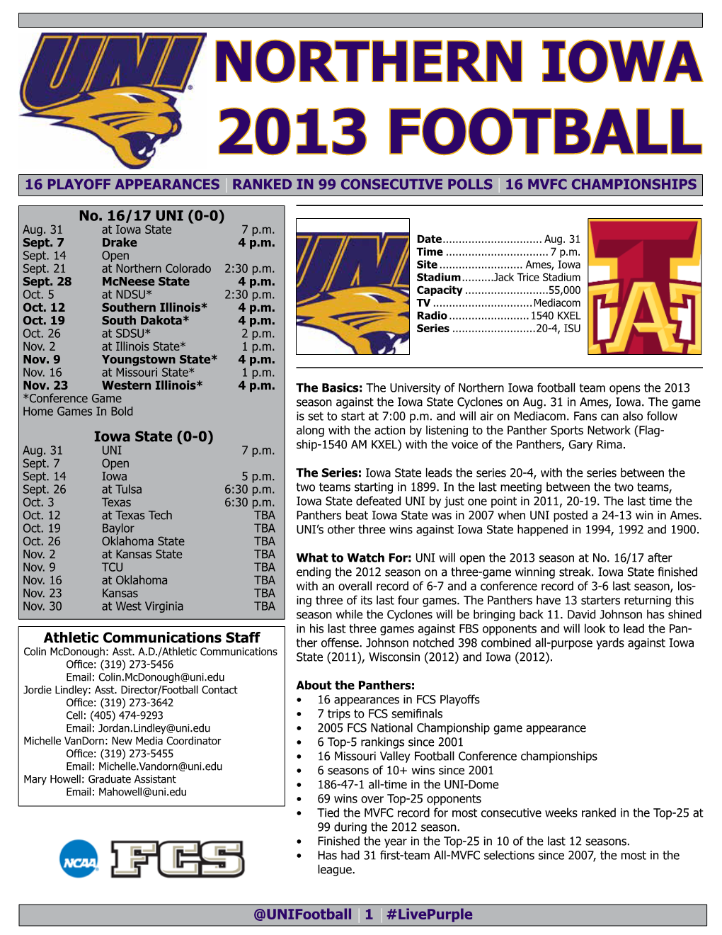 2013 Football 16 Playoff Appearances Ranked in 99 Consecutive Polls 16 Mvfc Championships