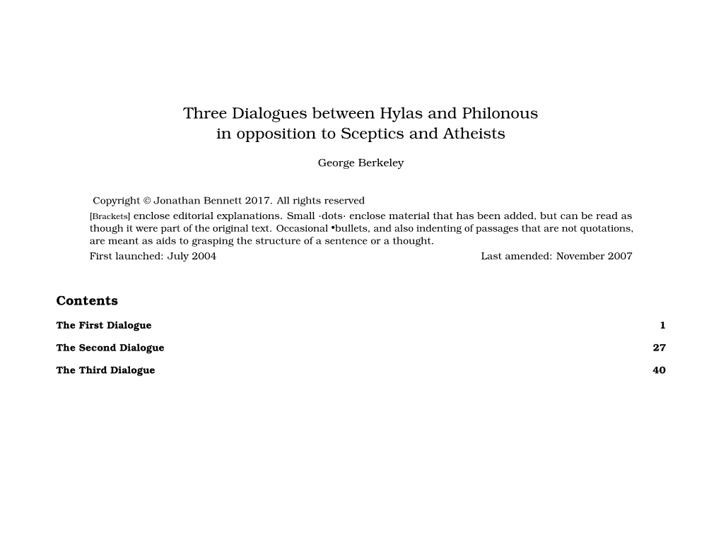 Three Dialogues Between Hylas and Philonous in Opposition to Sceptics and Atheists