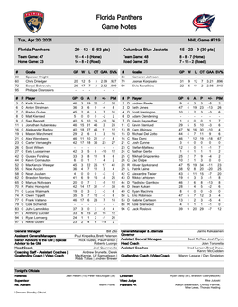 Florida Panthers Game Notes