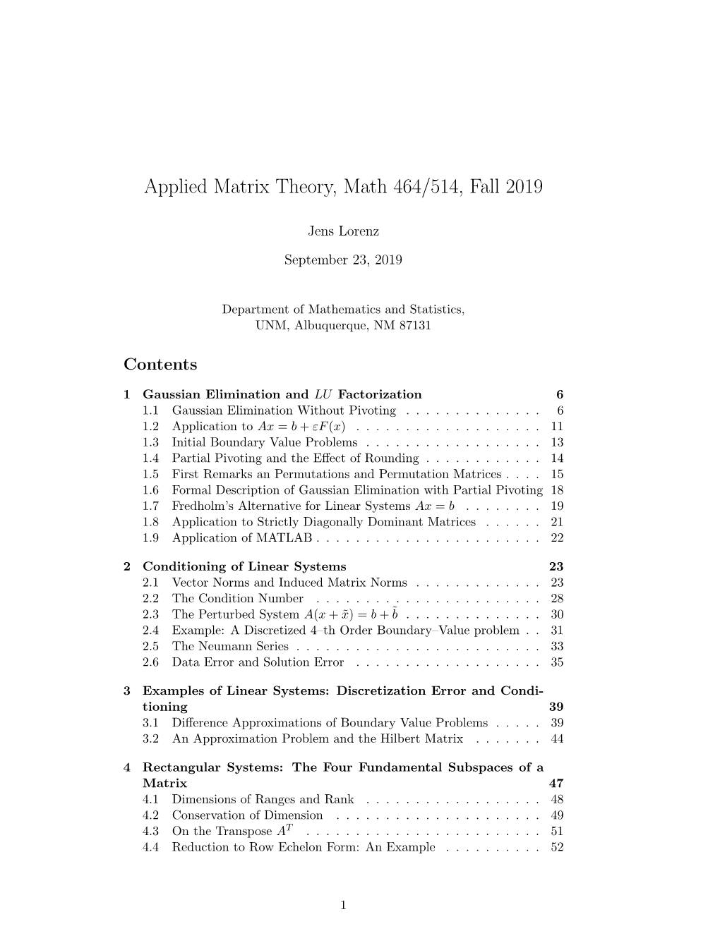 Applied Matrix Theory, Math 464/514, Fall 2019