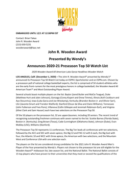 John R. Wooden Award Presented by Wendy's Announces 2020-21