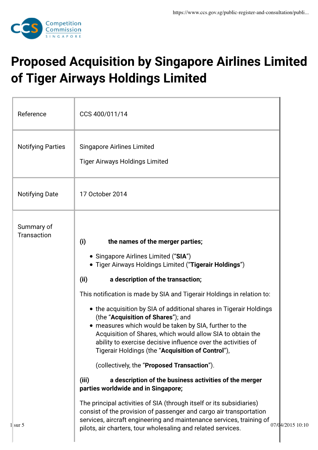 Proposed Acquisition by Singapore Airlines Limited of Tiger Airways Holdings Limited