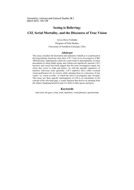 Seeing Is Believing: CSI, Serial Mortality, and the Discourse of True Vision